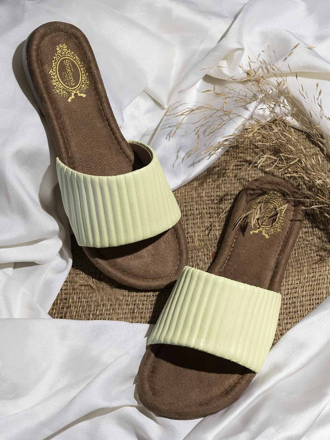

Shoetopia Women Green Striped Open Toe Flats