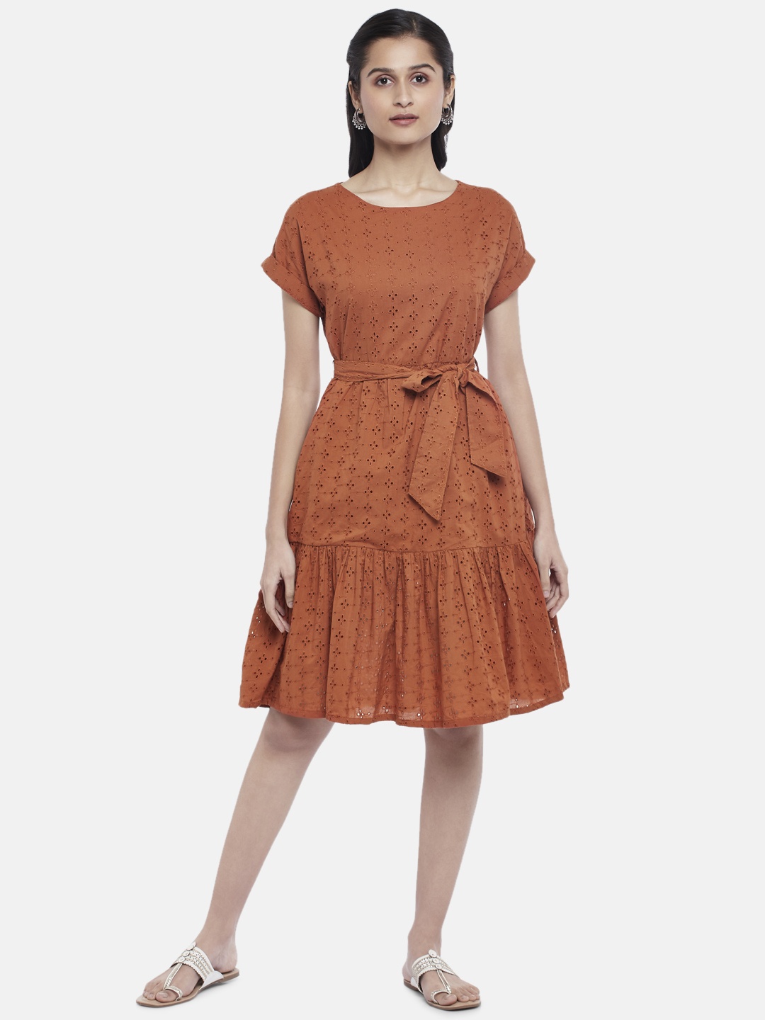 

AKKRITI BY PANTALOONS Women Rust Schiffli A-Line Dress