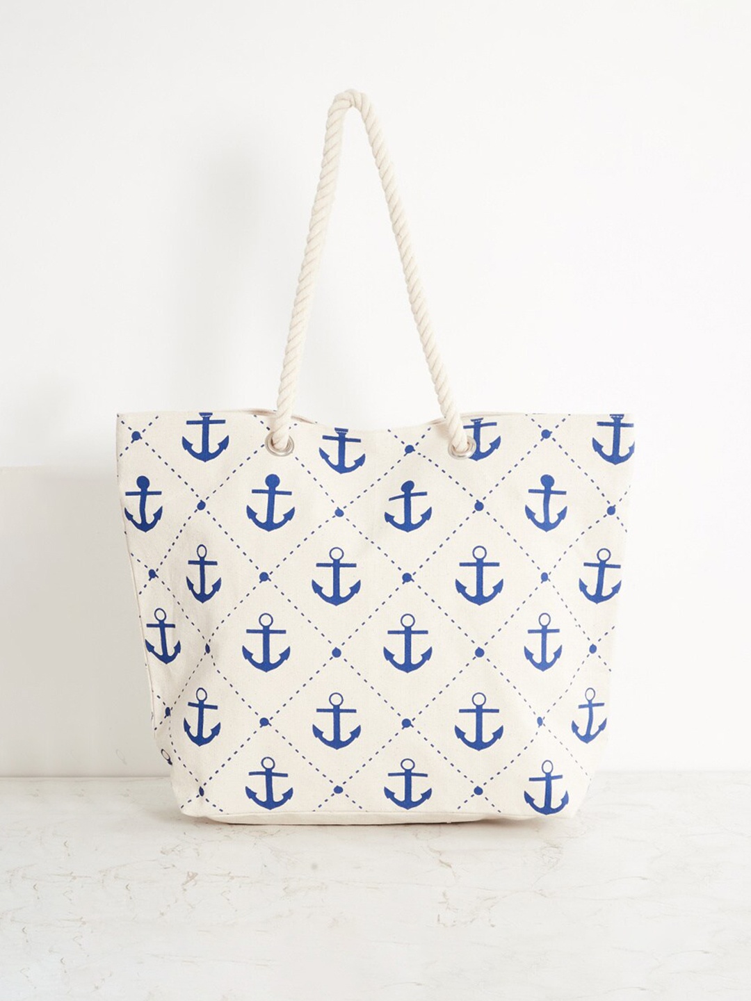 

Home Centre Off-White & Blue Printed Cotton Shopping Tote Bag