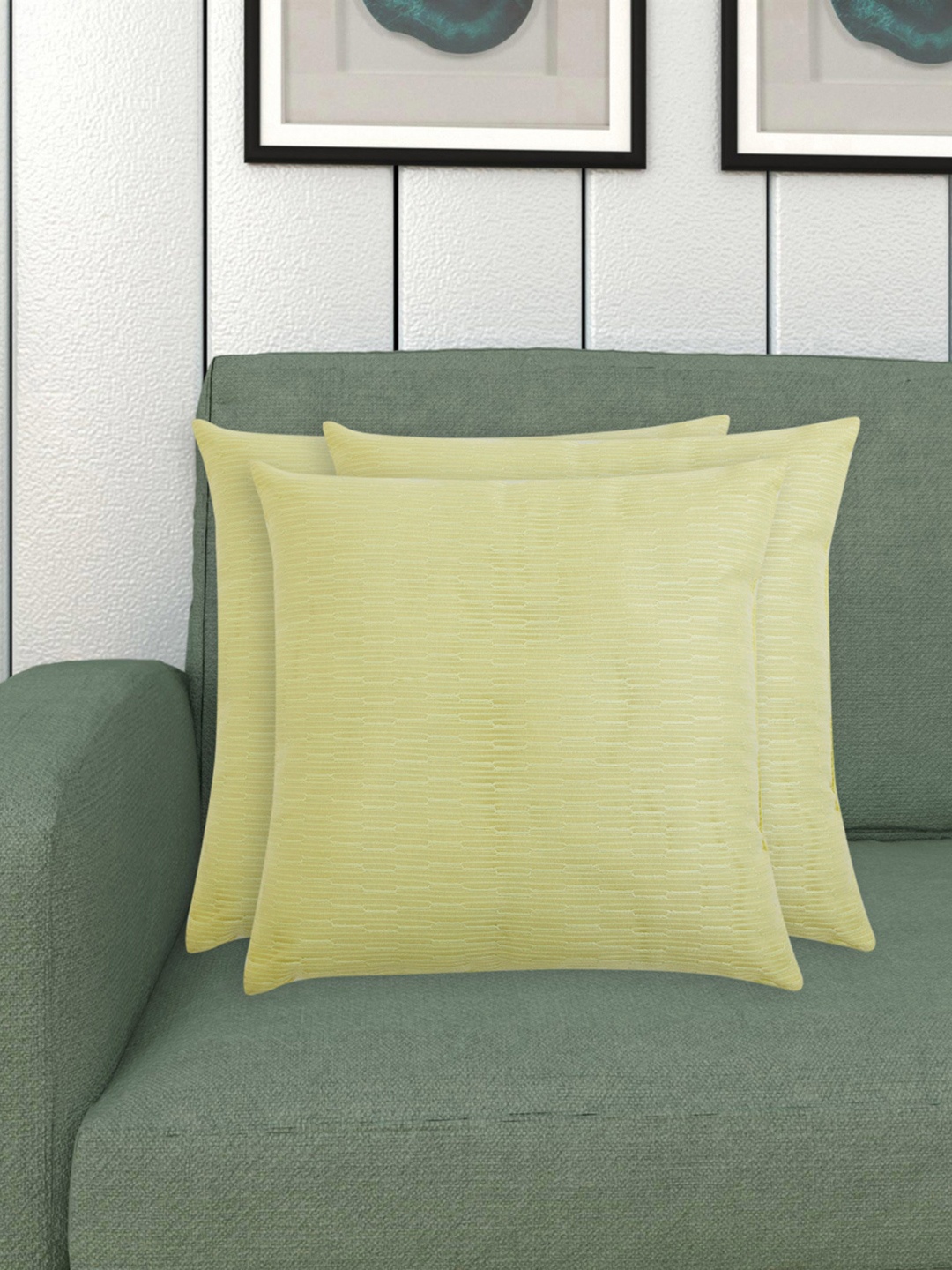 

Home Centre Set of 3 Green Textured Filled Cushions