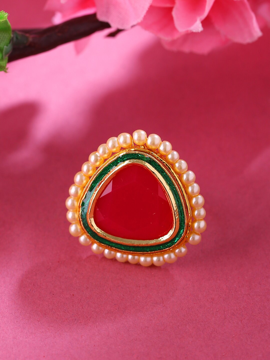 

VIRAASI Gold-Plated White & Red Kundan-Studded Adjustable Finger Ring