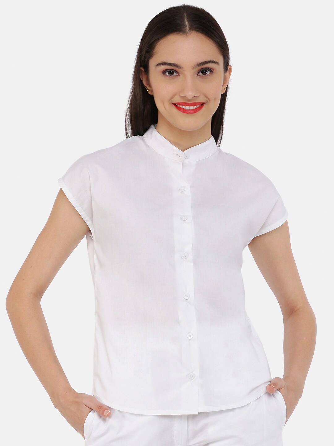 

GRASS by Gitika Goyal White Mandarin Collar Extended Sleeves Shirt Style Top