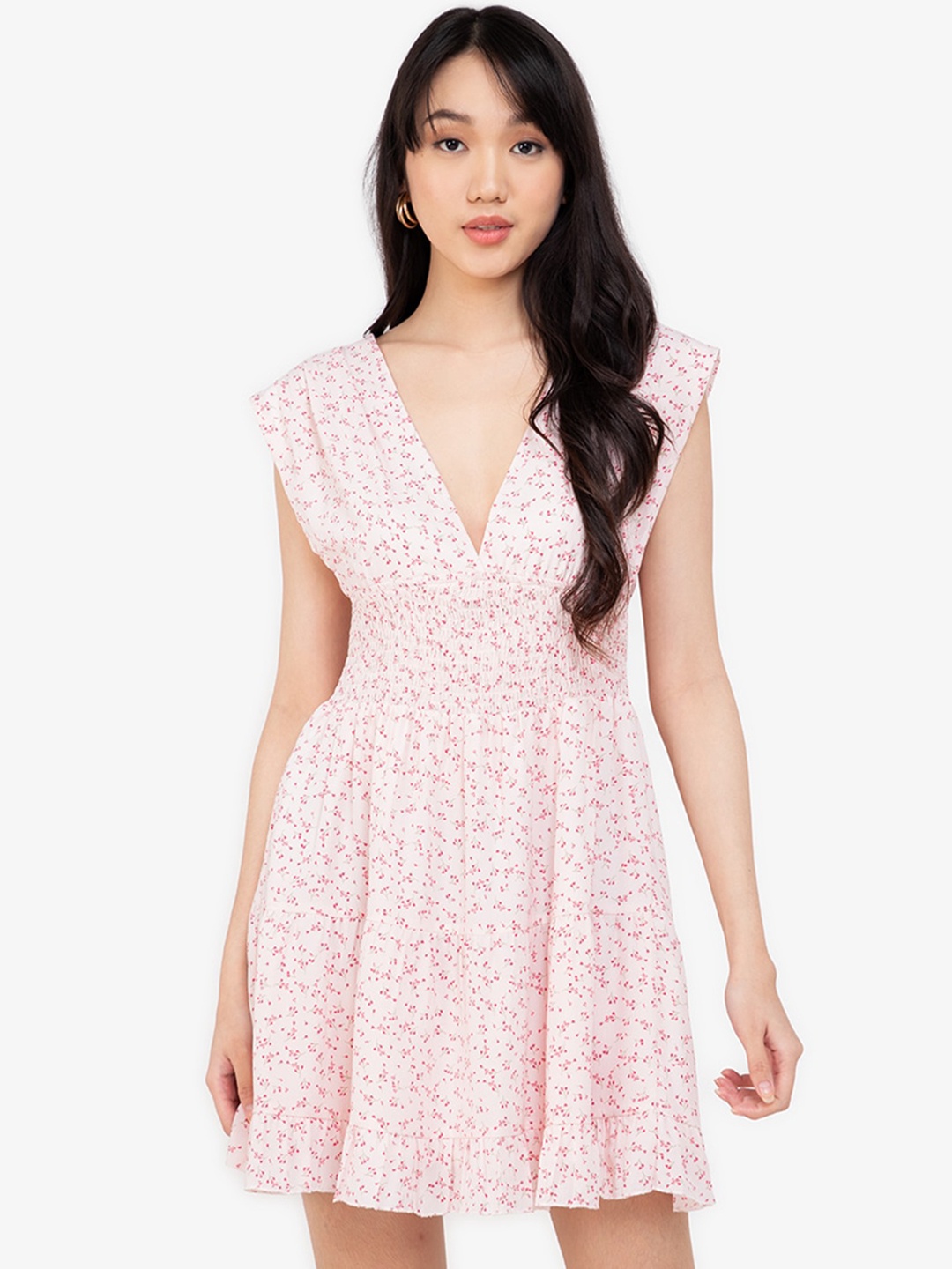 

ZALORA BASICS Women Peach-Coloured & Pink Floral Mini Dress