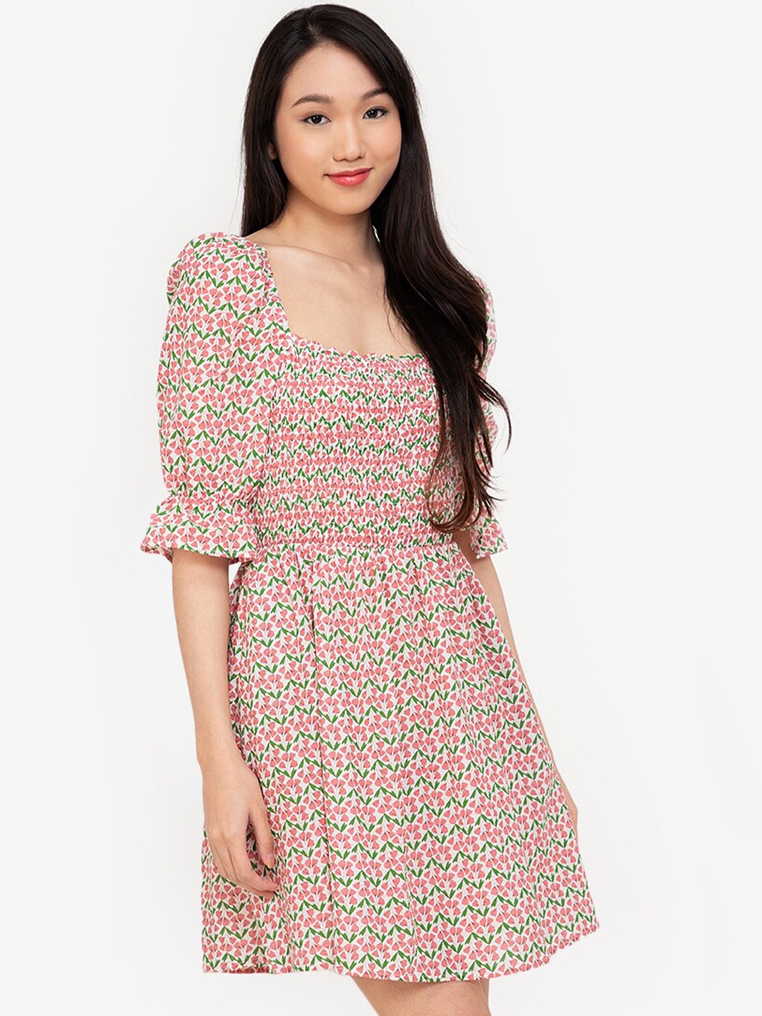 

ZALORA BASICS Women Off White & Green Printed Dress