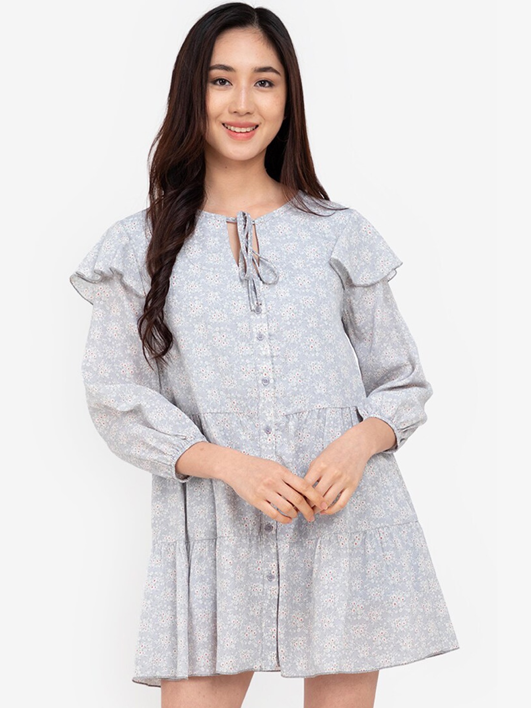 

ZALORA BASICS Women Blue Floral Keyhole Neck A-Line Mini Dress