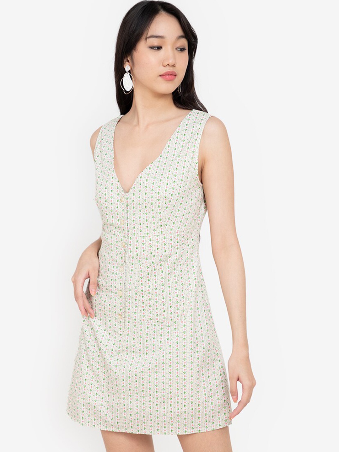 

ZALORA BASICS Women Lime Green Floral A-Line Mini Dress
