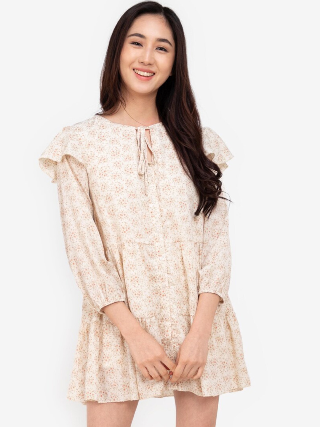

ZALORA BASICS Women Cream-Coloured Floral Keyhole Neck A-Line Mini Dress