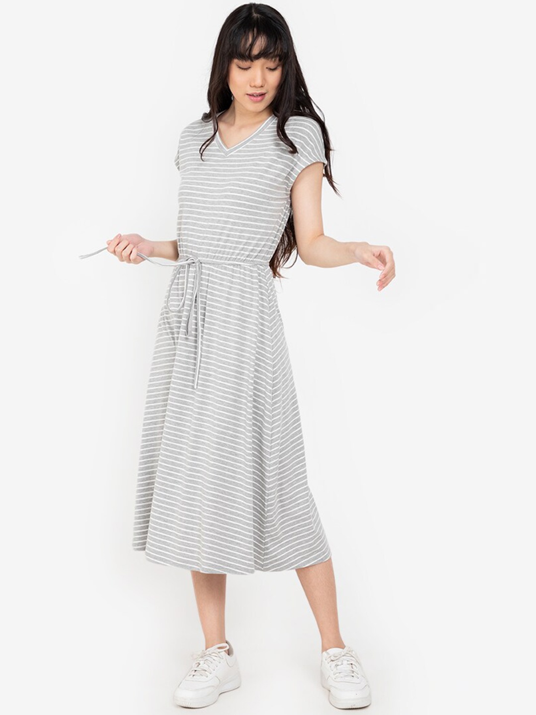 

ZALORA BASICS Women Grey & White Striped A-Line Midi Dress