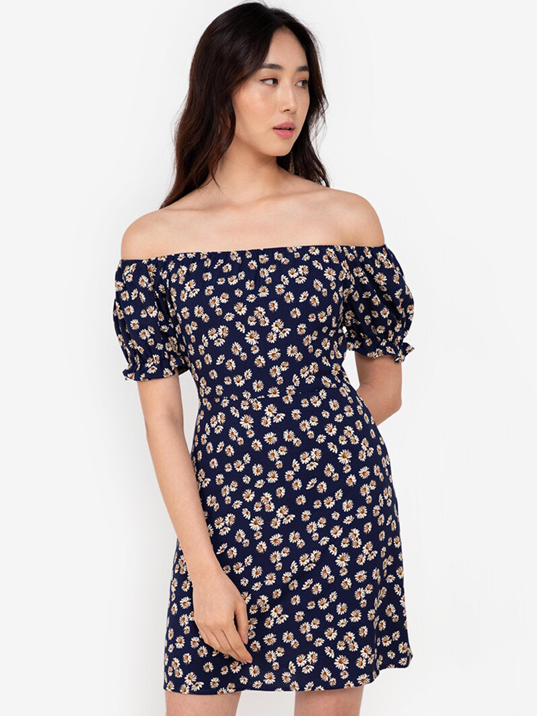 

ZALORA BASICS Women Navy Blue & White Printed Off-Shoulder Mini Dress