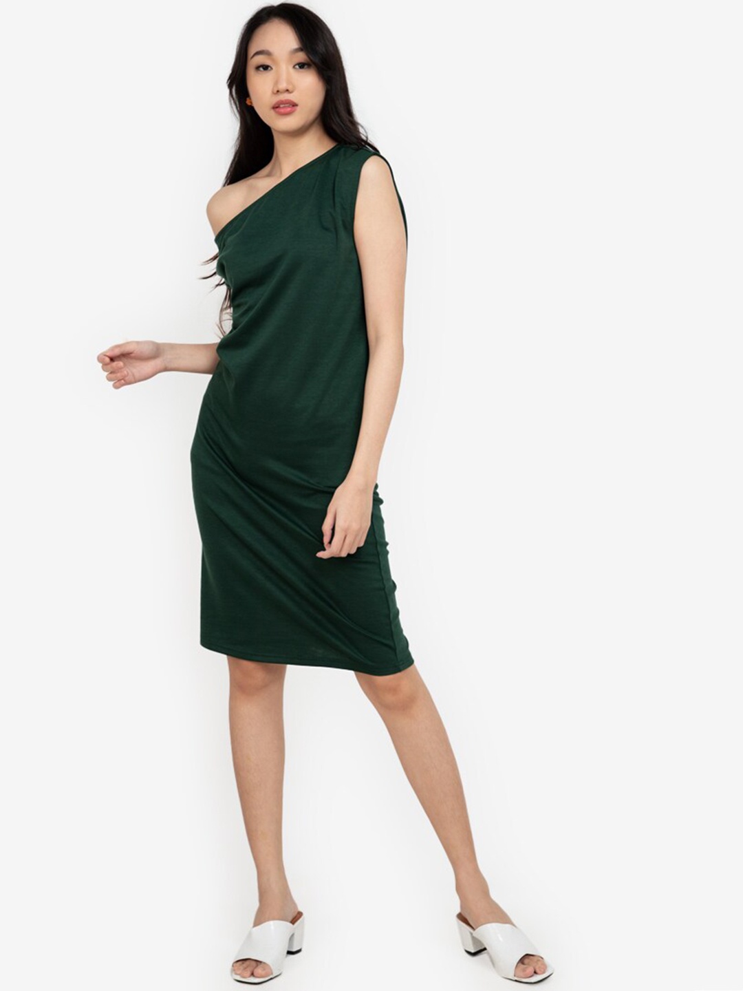 

ZALORA BASICS Women Green One Shoulder Sheath Dress