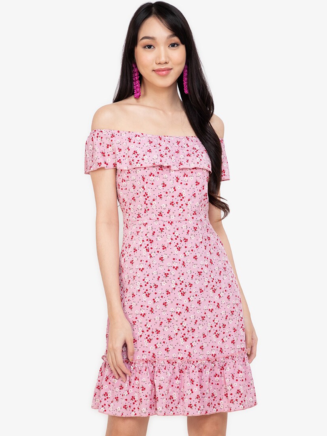 

ZALORA BASICS Women Pink & Red Off-Shoulder Mini Dress