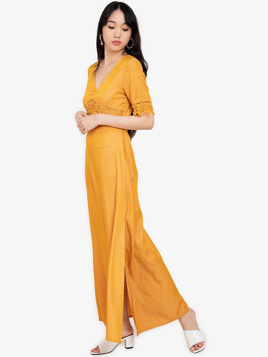 

ZALORA BASICS Yellow Lace Inserts Slit Maxi Dress