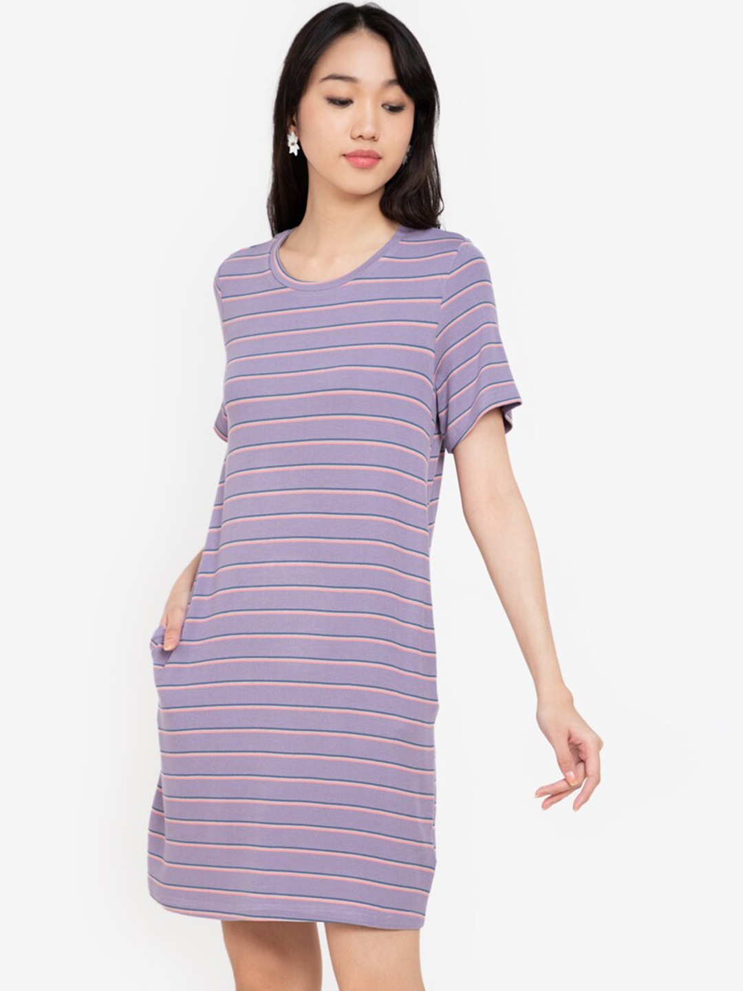 

ZALORA BASICS Purple Striped T-shirt Mini Dress