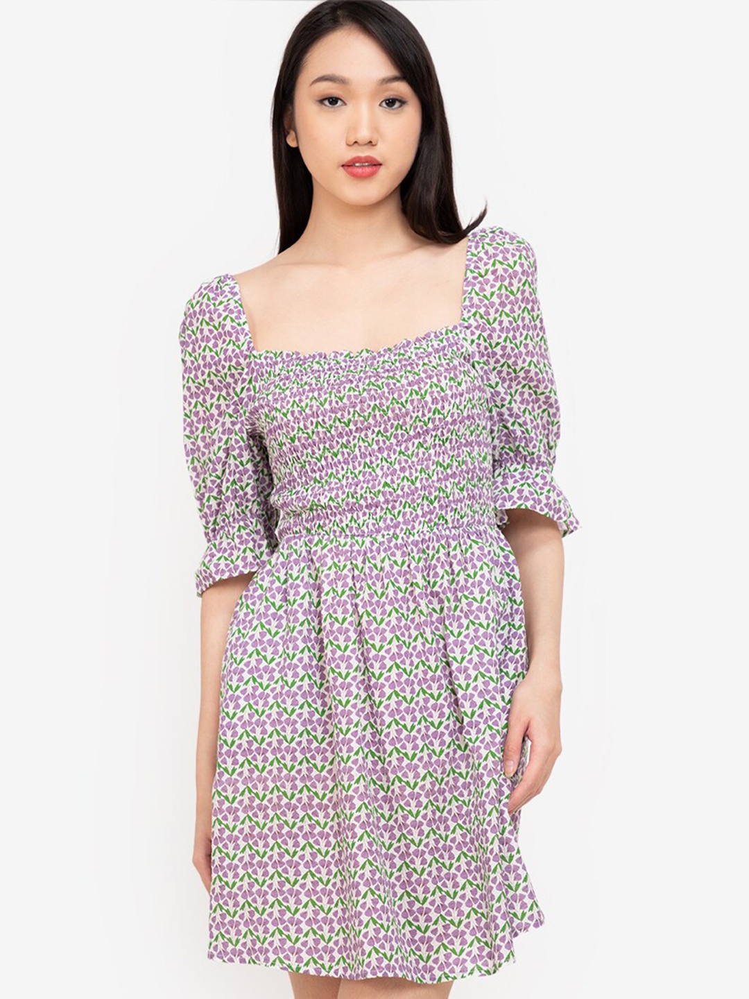 

ZALORA BASICS White & Lavender Floral Dress