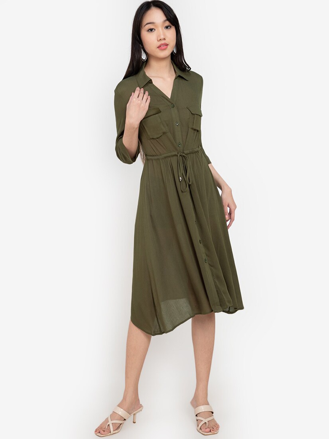 

ZALORA BASICS Green Waist Tie-Ups Pure Cotton Shirt Dress