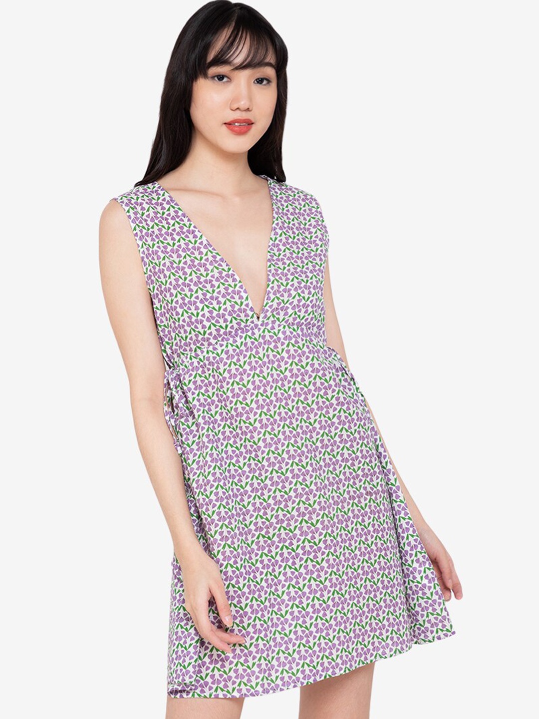 

ZALORA BASICS White & Purple Floral A-Line Dress