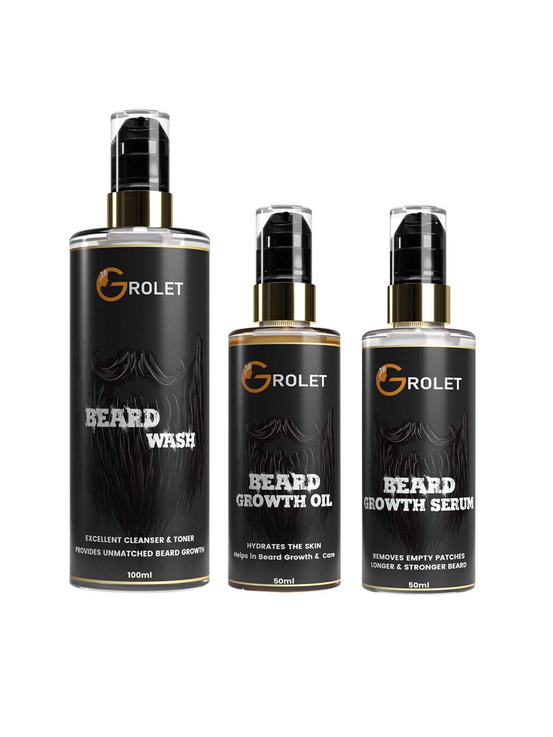 

GROLET Men Beard Wash 100 ml + Beard Growth Oil 50 ml + Beard Growth Serum 50 ml, Black