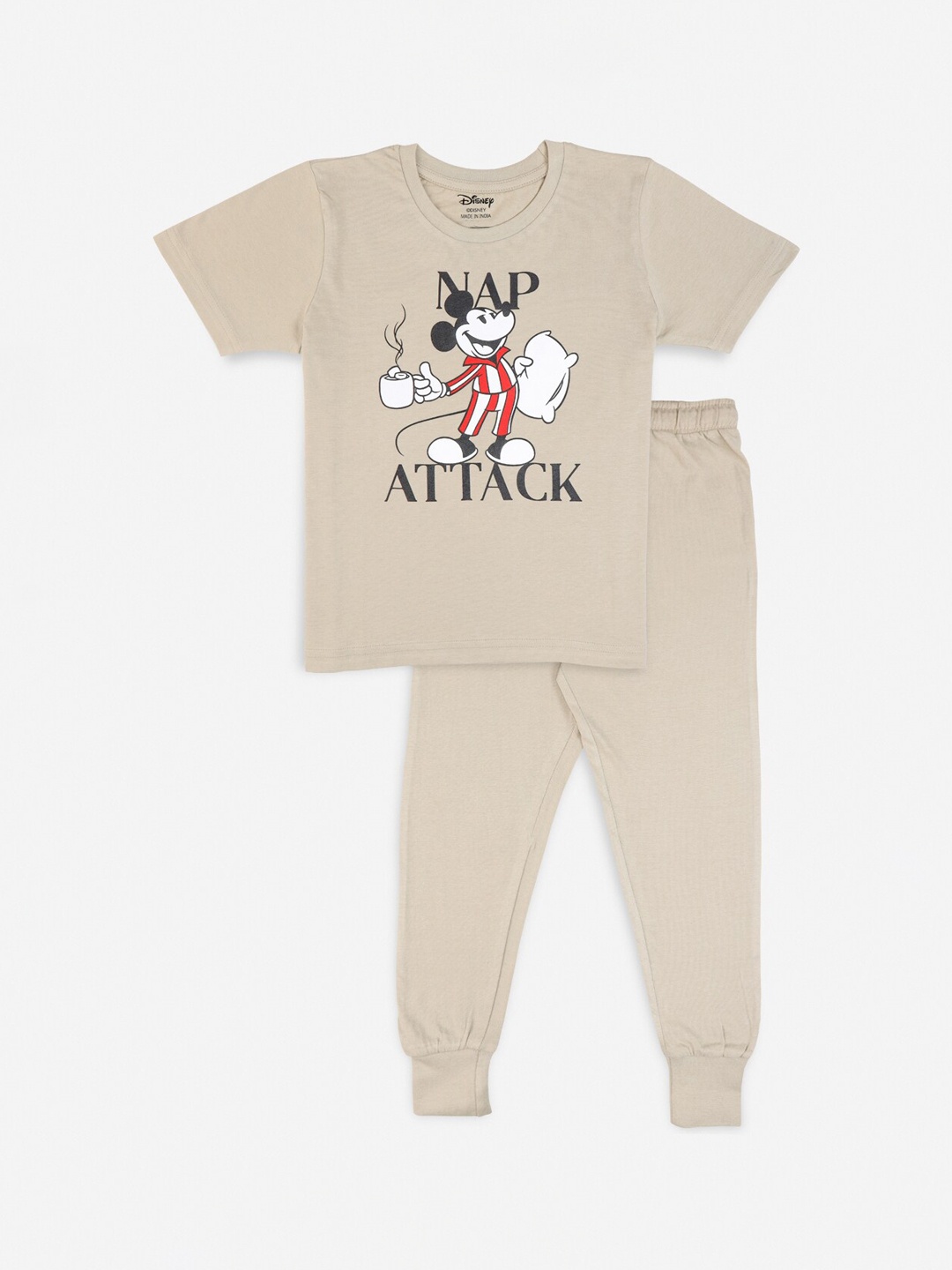 

Nap Chief Kids Beige & Black Pure Cotton Disney Mickey Mouse Nap Attack Night Suit