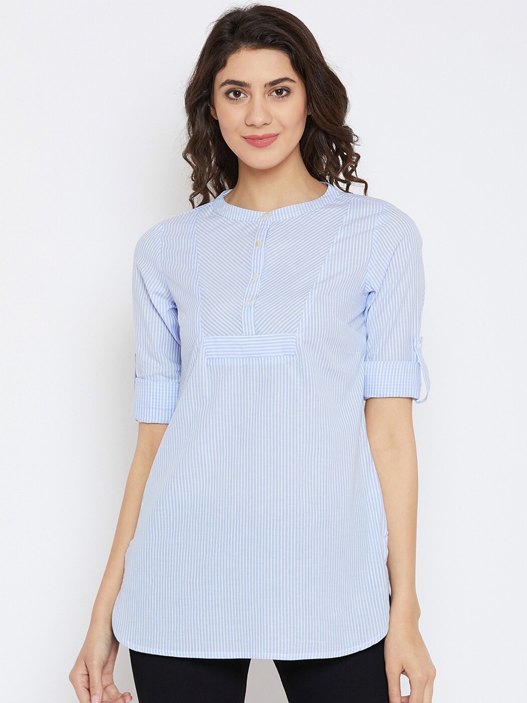 

Ruhaans Blue Mandarin Collar Striped Tunic