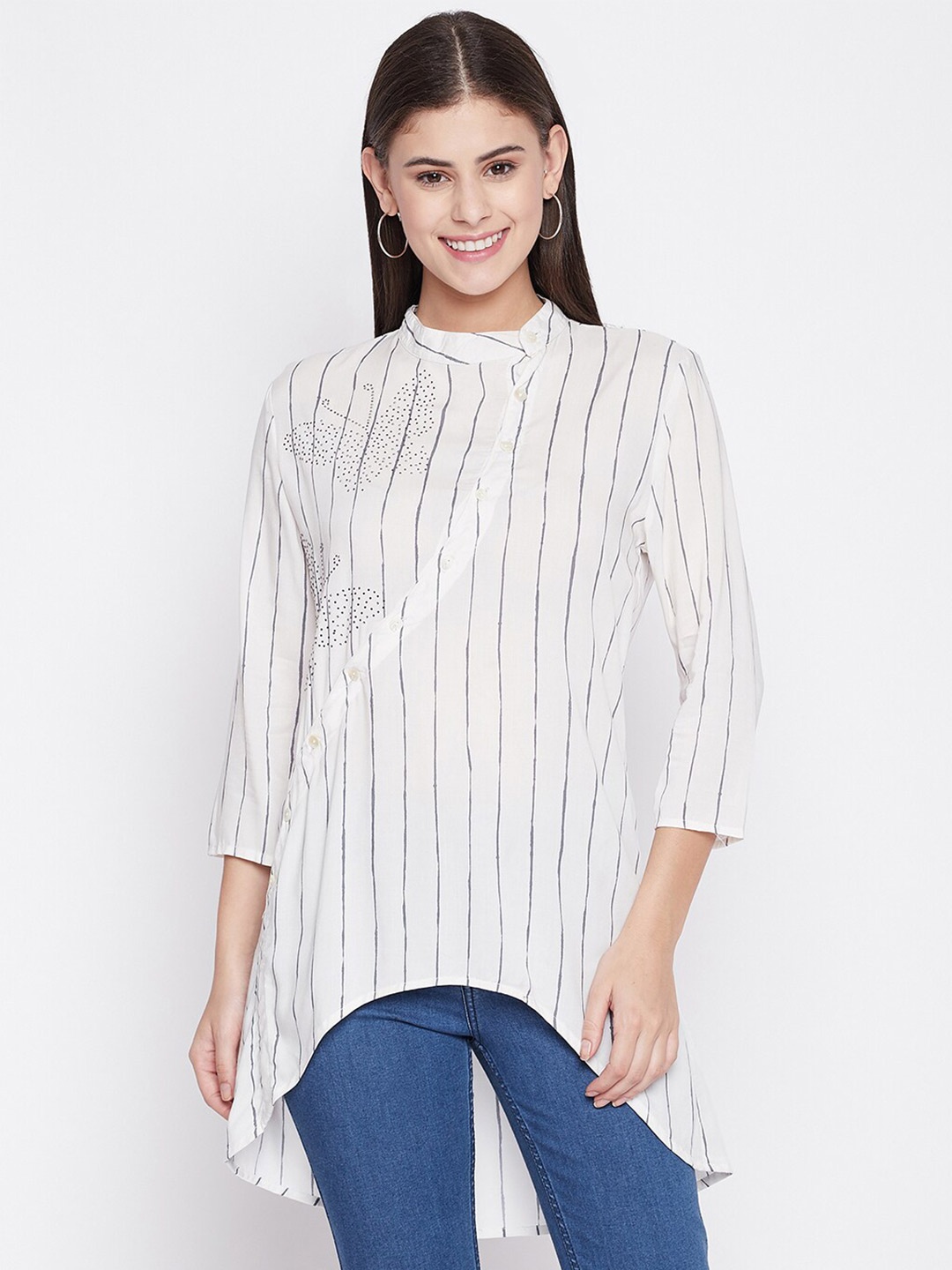 

Ruhaans White & Grey Viscose Rayon Mandarin Collar Striped Tunic