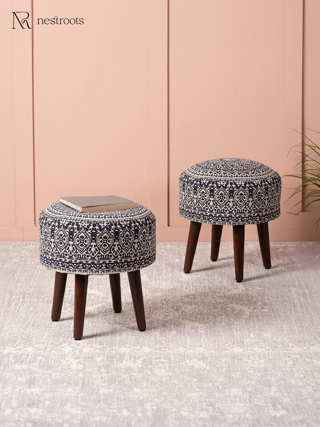 

Nestroots Set Of 2 Navy Blue & Off-White Printed Ottomans