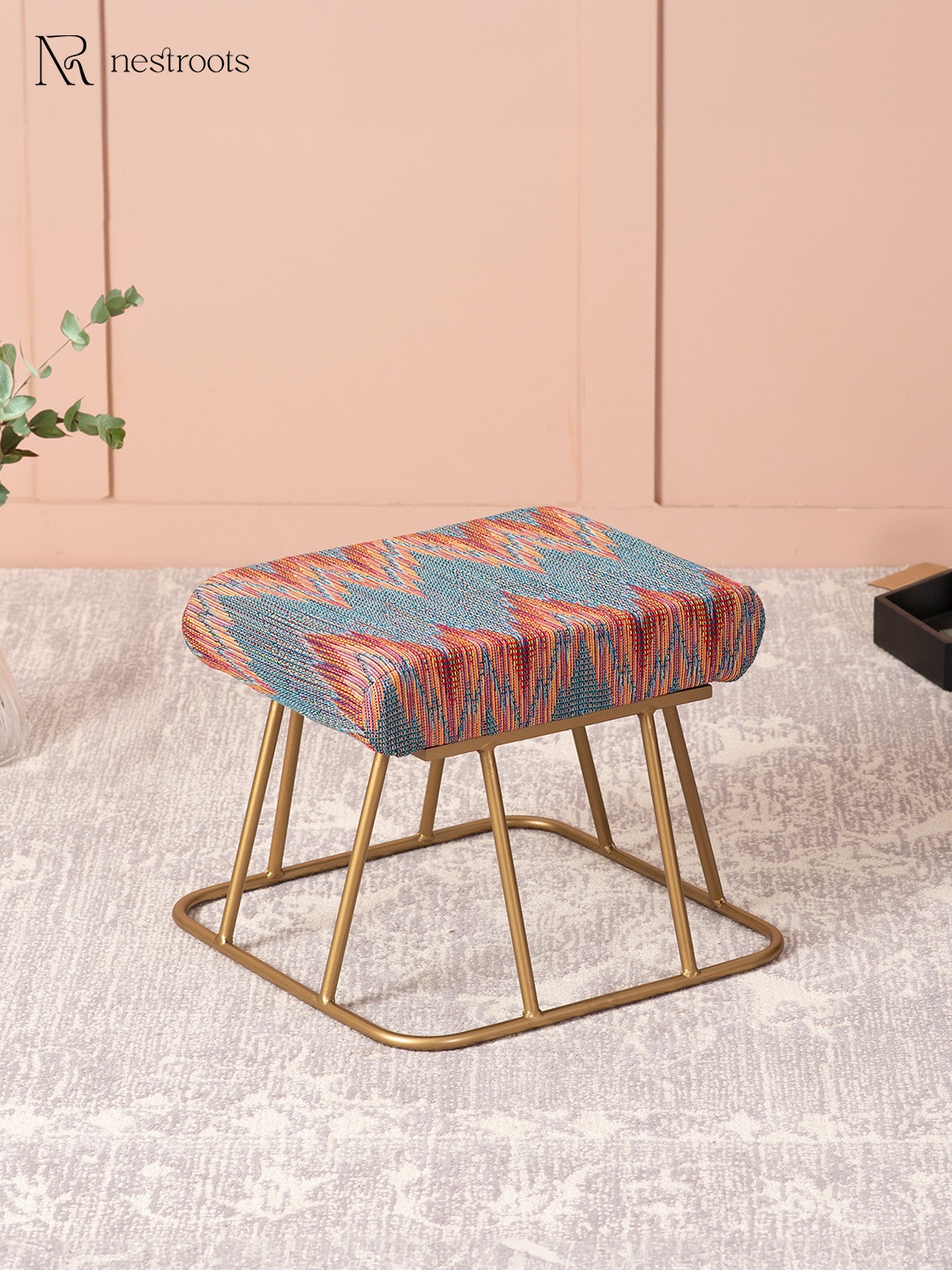 

Nestroots Blue & Gold-Toned Printed Metal Pouffe Ottomans