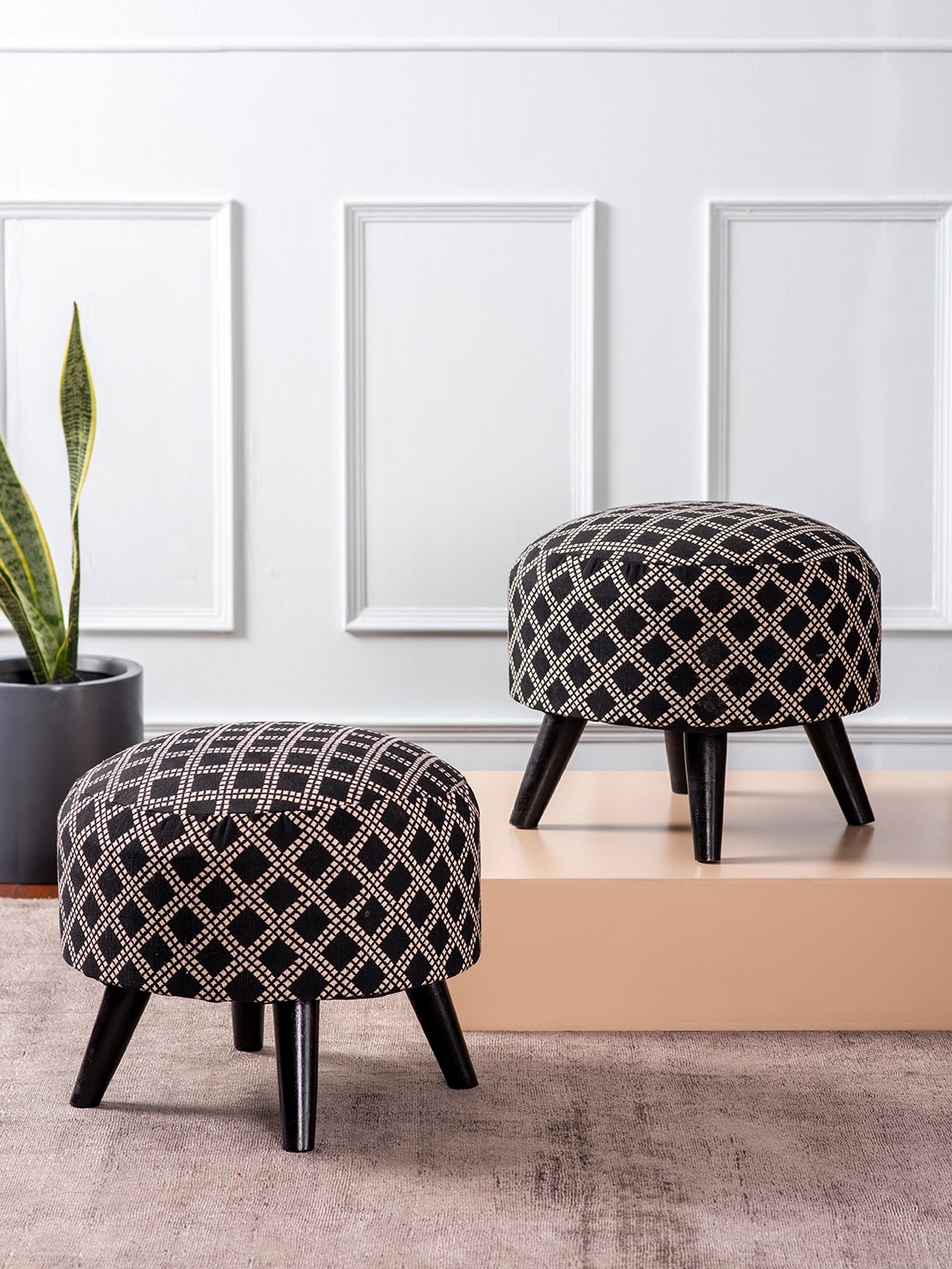 

Nestroots Set of 2 Black Printed Wooden Ottomans Stool