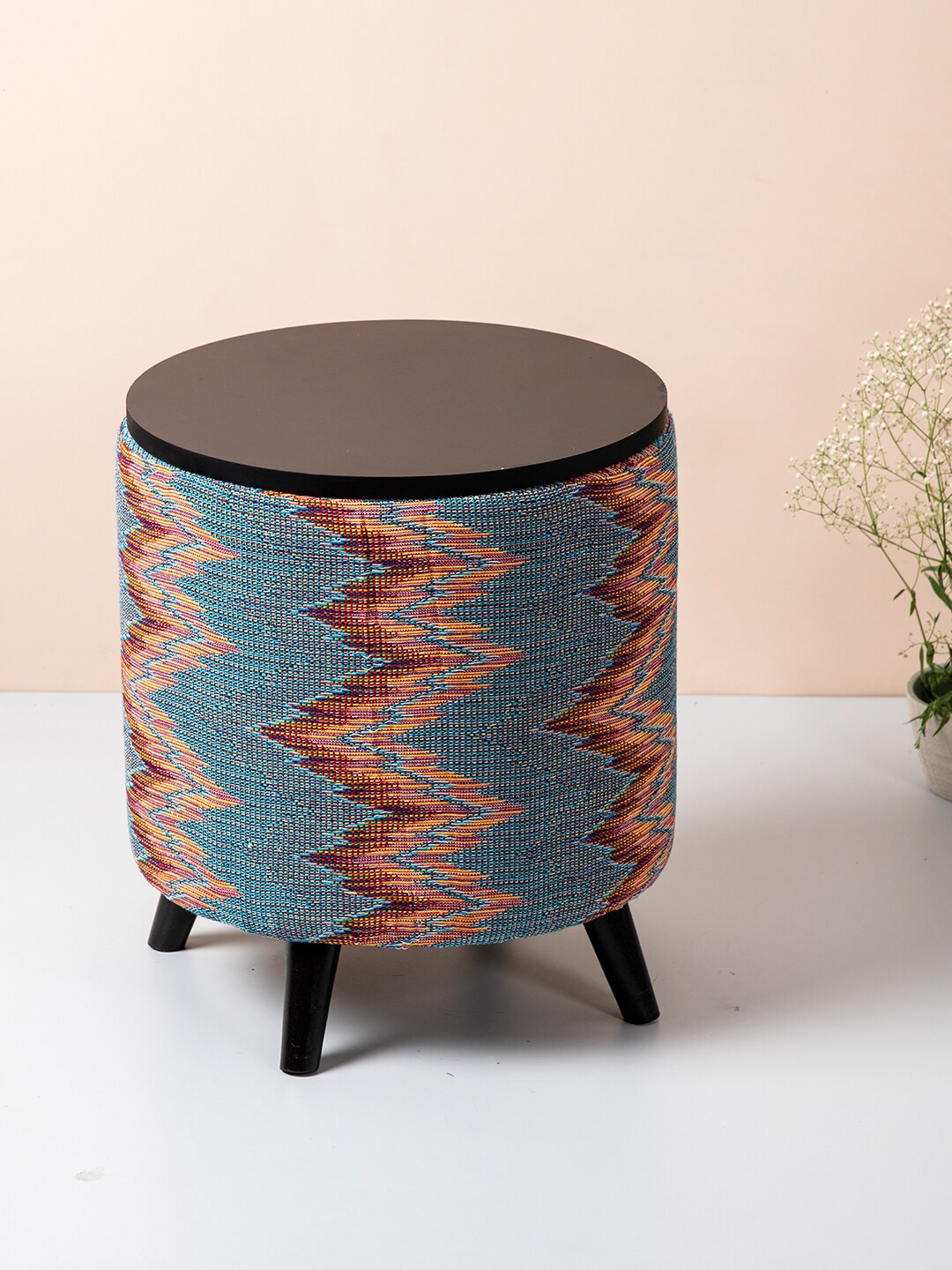 

Nestroots Blue & Red Printed Wood Ottoman