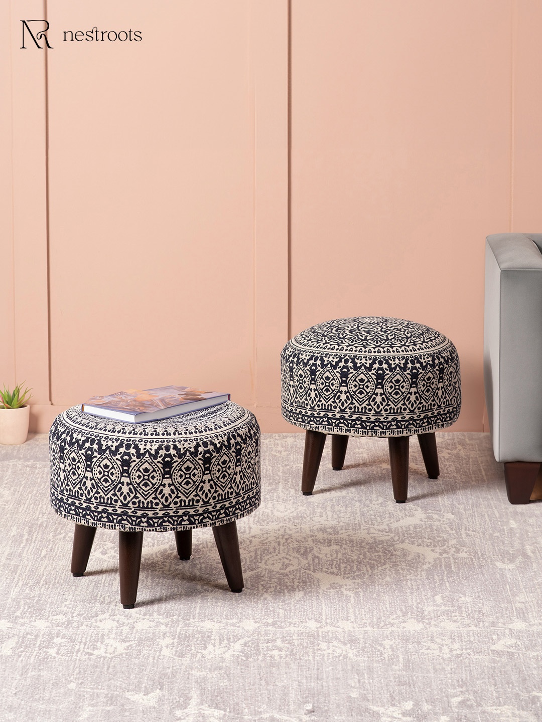 

nestroots Navy Blue Set of 2 Ethnic Motifs Ottomans