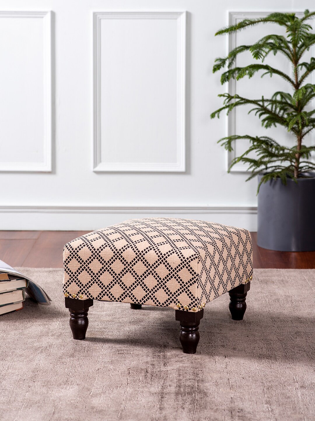 

nestroots Set of 2 Beige & Brown Printed Wooden Ottomans