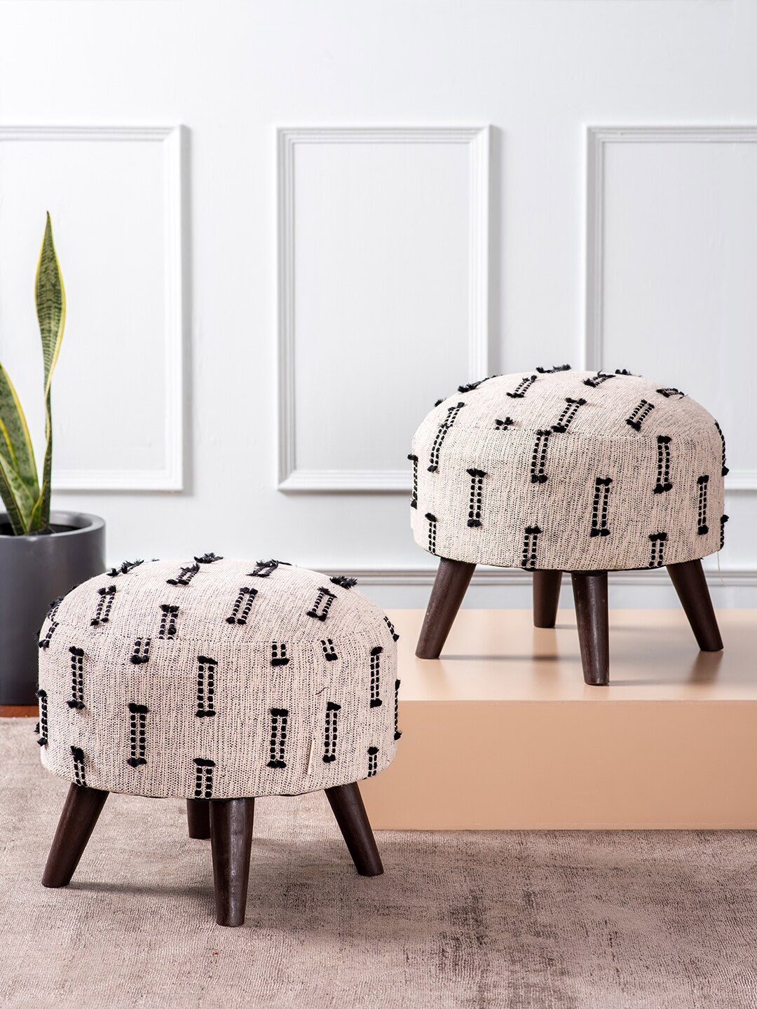 

nestroots Set Of 2 Brown & Off White Printed Wooden Ottomans