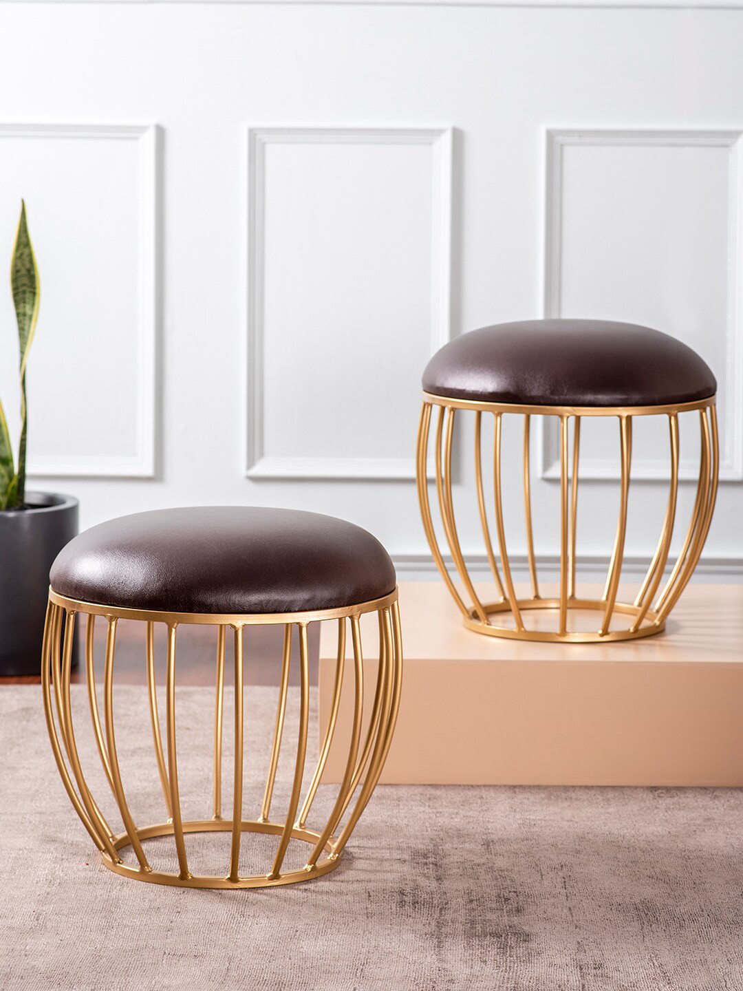 

nestroots Set Of 2 Brown & Gold-Toned Solid Wooden Ottomans