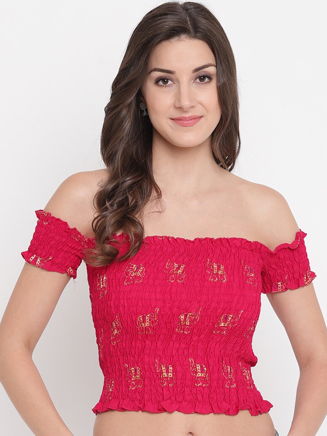 

Aawari Red & Gold-Toned Off-Shoulder Smocked Bardot Crop Top