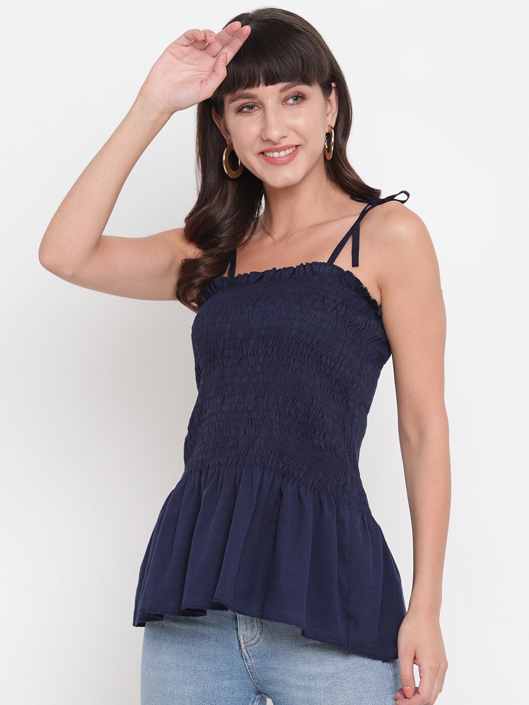 

Aawari Navy Blue Smocked Peplum Top