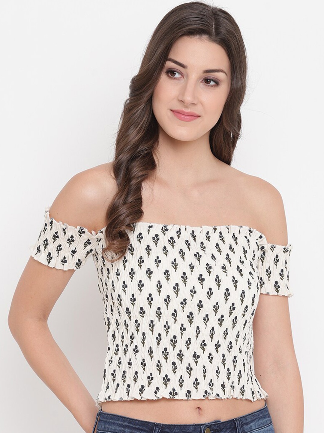 

Aawari Off White & Black Floral Print Off-Shoulder Bardot Crop Top