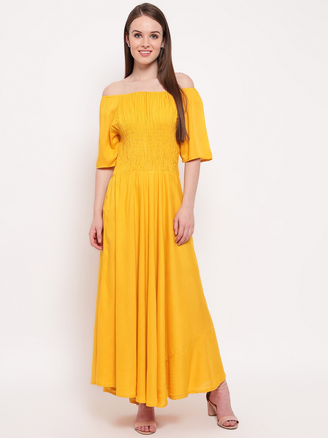 

Aawari Mustard Yellow Off-Shoulder Maxi Dress