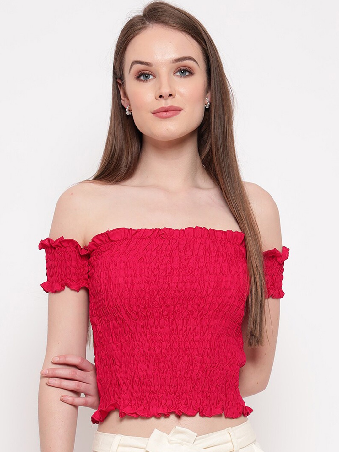 

Aawari Magenta Off-Shoulder Smocked Bardot Crop Top