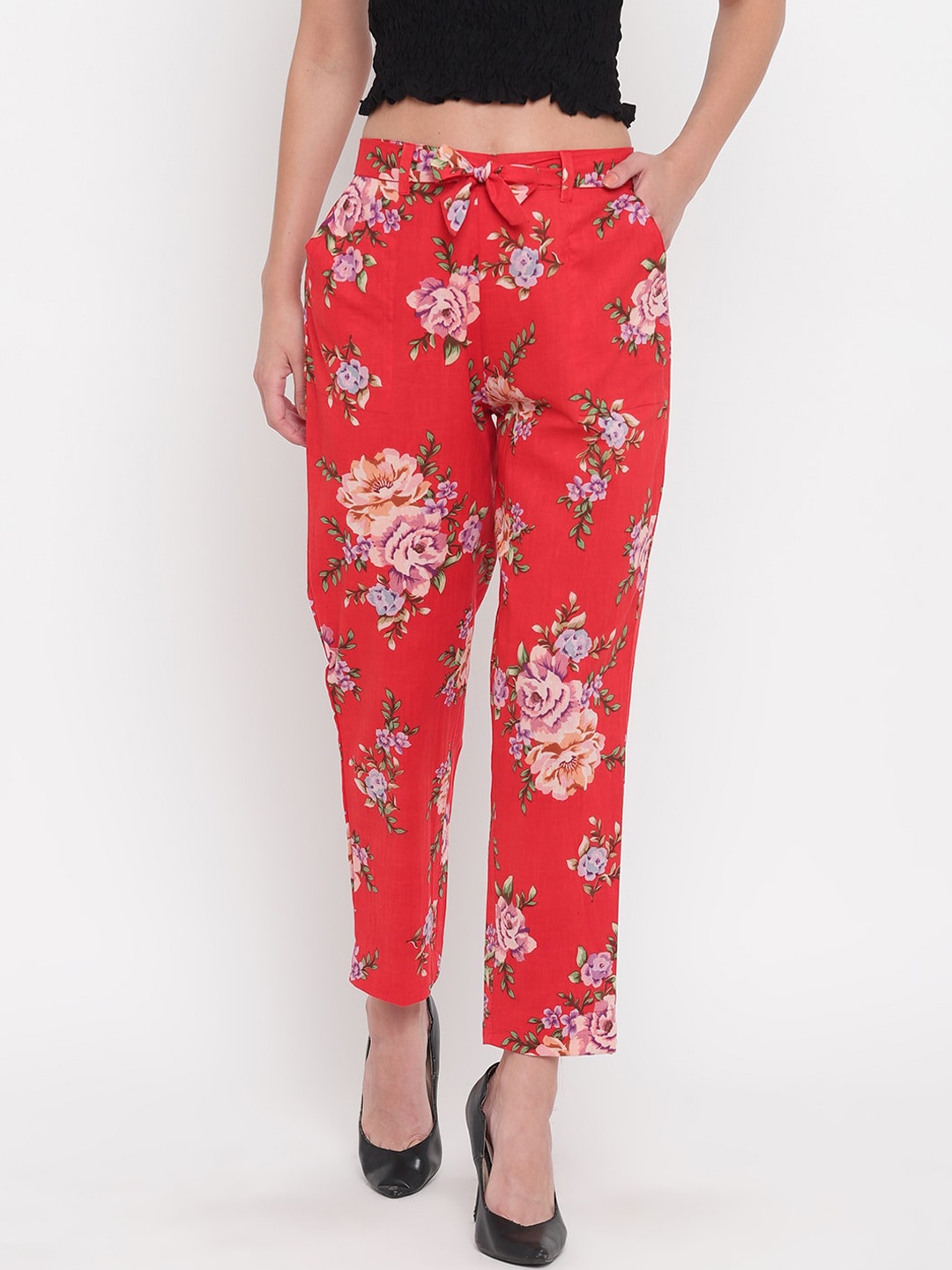 

Aawari Women Red and Multicoloured Floral Printed High-Rise Trousers