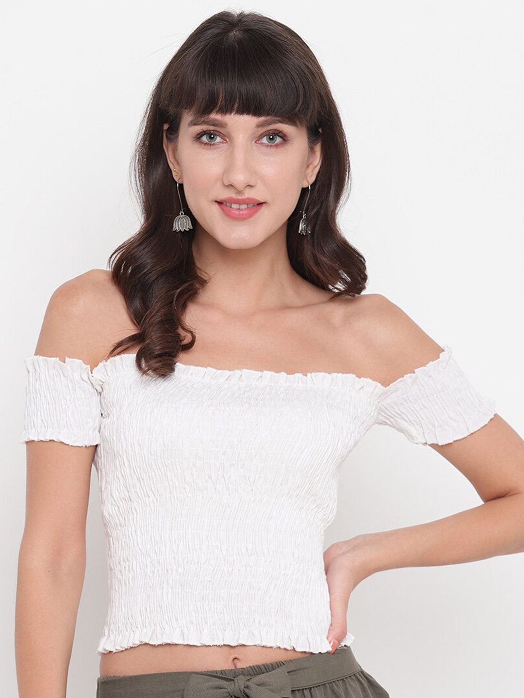 

Aawari White Off-Shoulder Smocked Bardot Crop Top