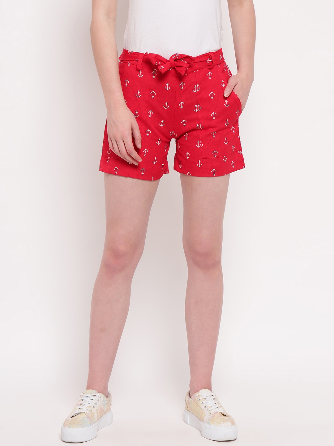

Aawari Women Red Printed High-Rise Shorts