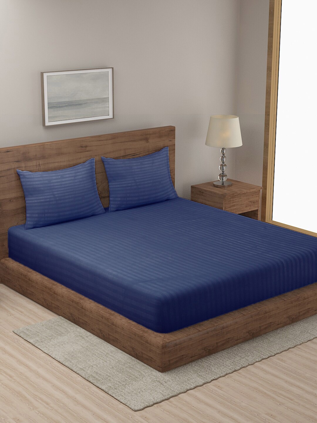 

HOSTA HOMES Navy Blue 300 TC King Striped Cotton Bedsheet with 2 Pillow Covers