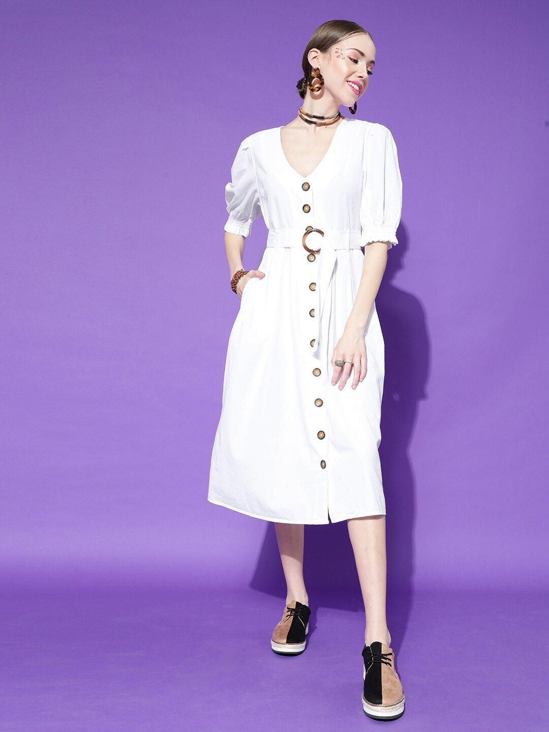 

STREET 9 White Solid Pure Cotton A-Line Midi Dress