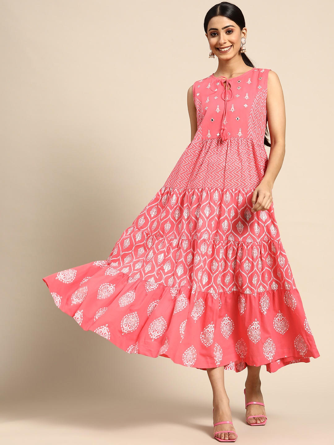 

Sangria Coral Pink & White Ethnic Motifs Printed Tie-Up Neck A-Line Midi Pure Cotton Dress
