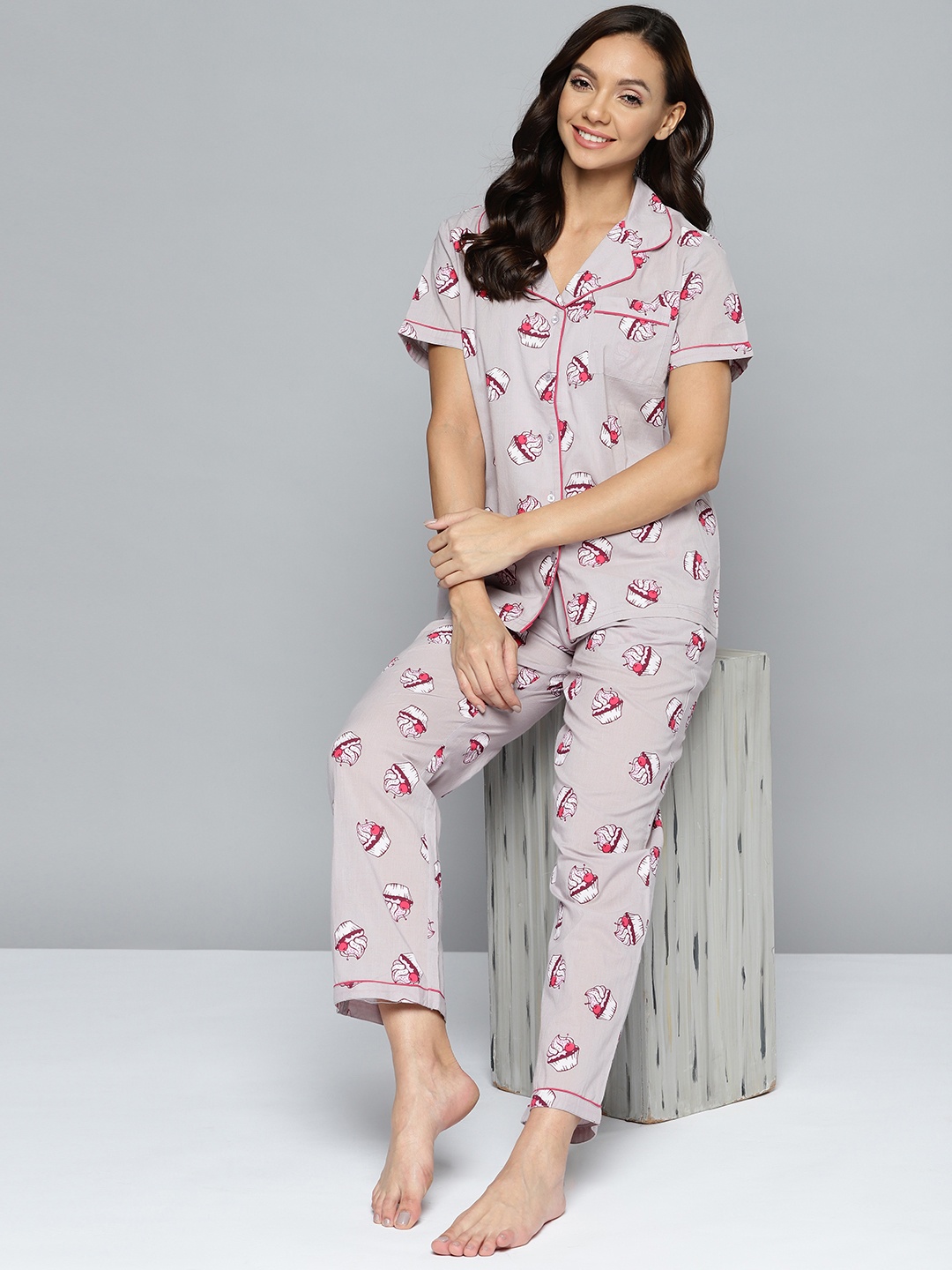 

HERE&NOW Women Grey & Pink Printed Night suit