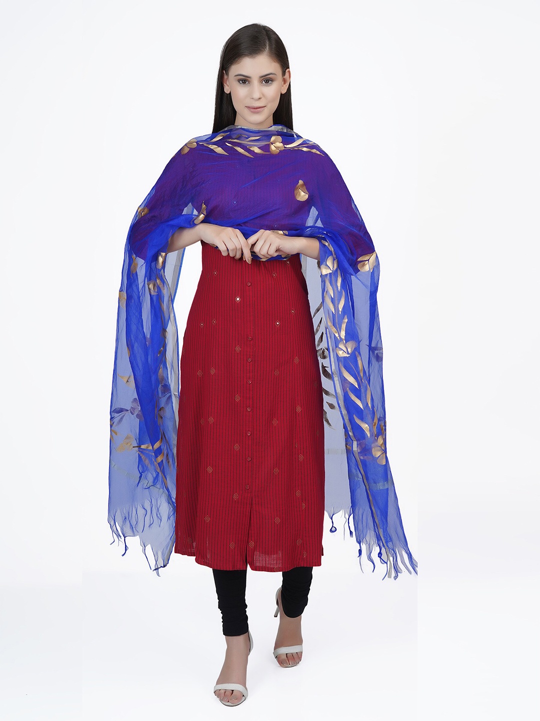 

La Vastraa Women Blue & Gold-Toned Hand Painted Cotton Silk Dupatta