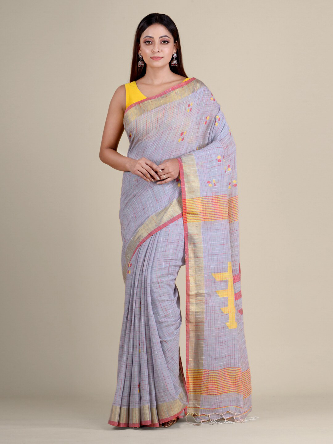 

Mitera Mauve & Yellow Woven Design Zari Pure Cotton Saree