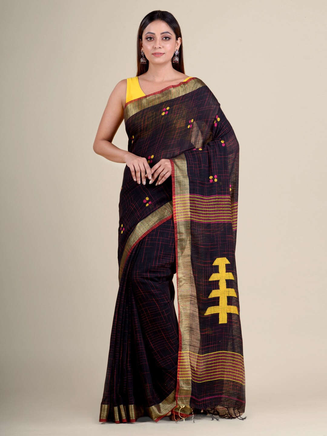

Mitera Navy Blue & Pink Floral Pure Cotton Saree
