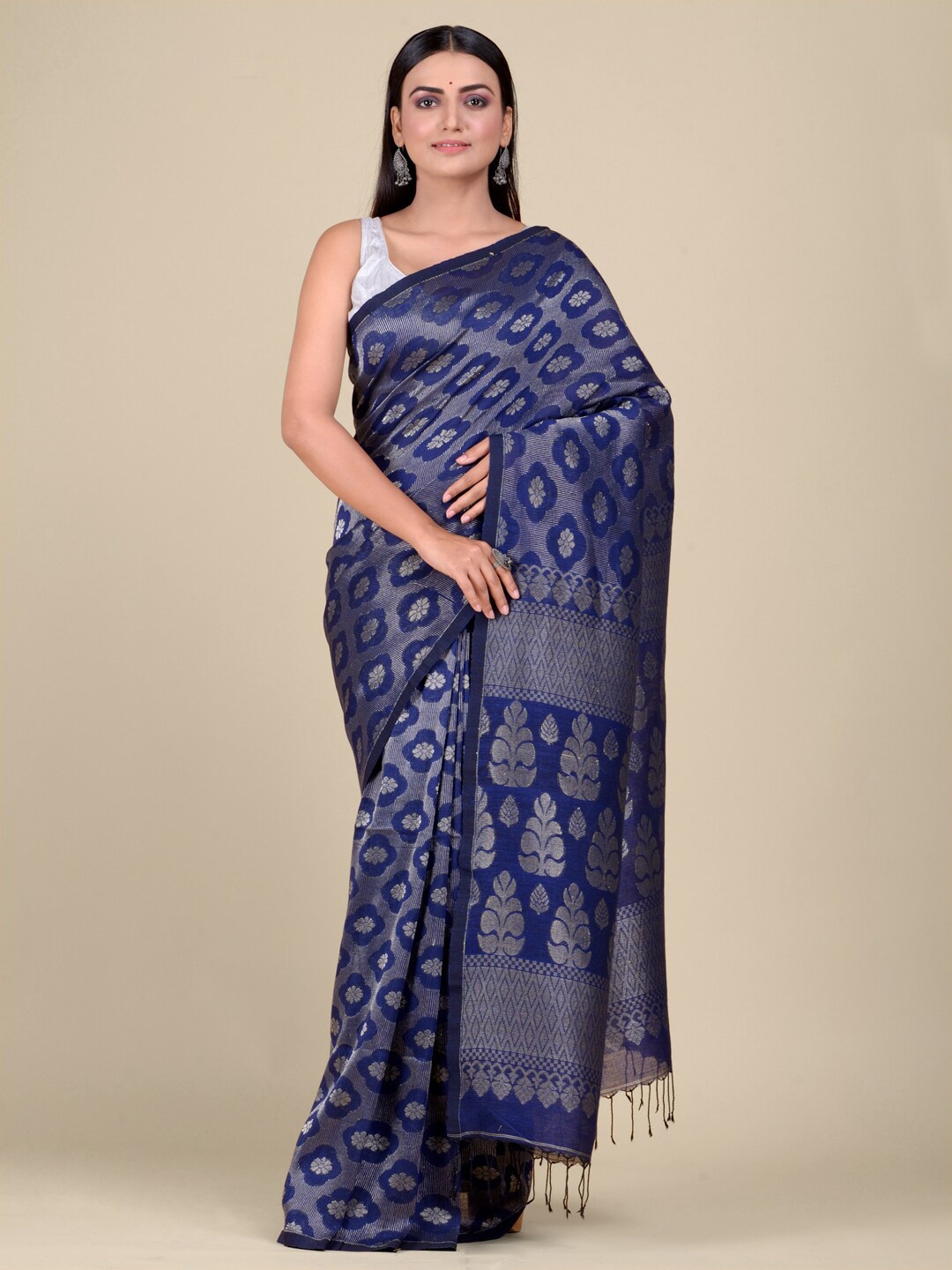 

Mitera Blue & Silver-Toned Floral Zari Pure Linen Heavy Work Saree
