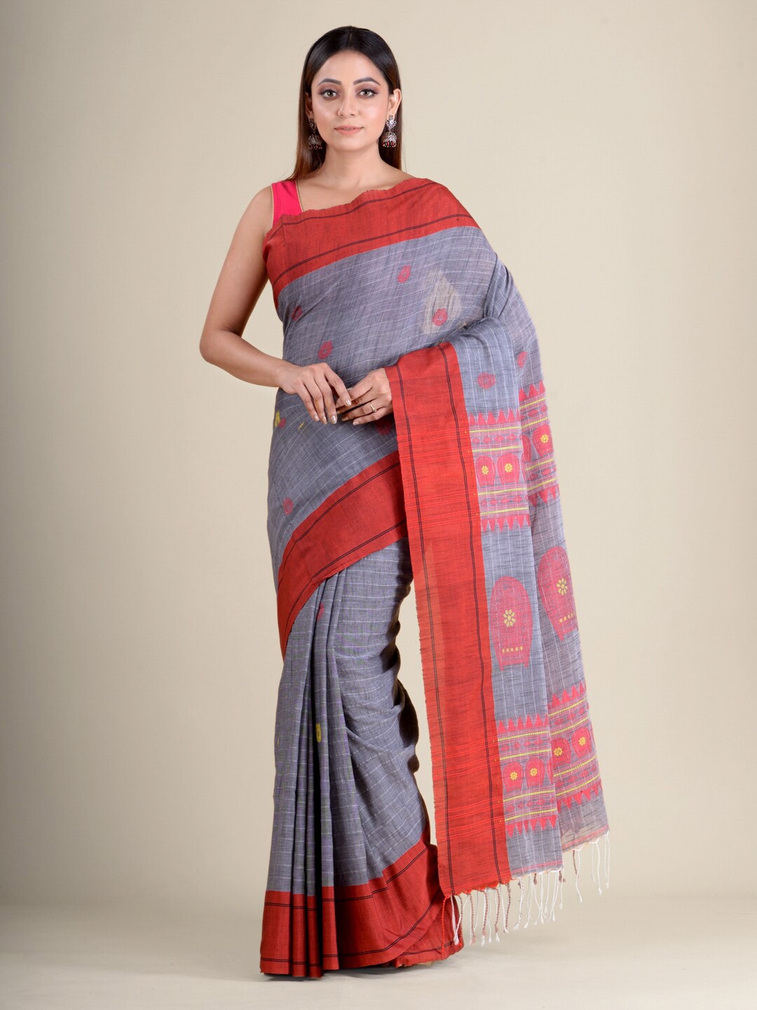 

Mitera Grey & Pink Floral Pure Cotton Saree