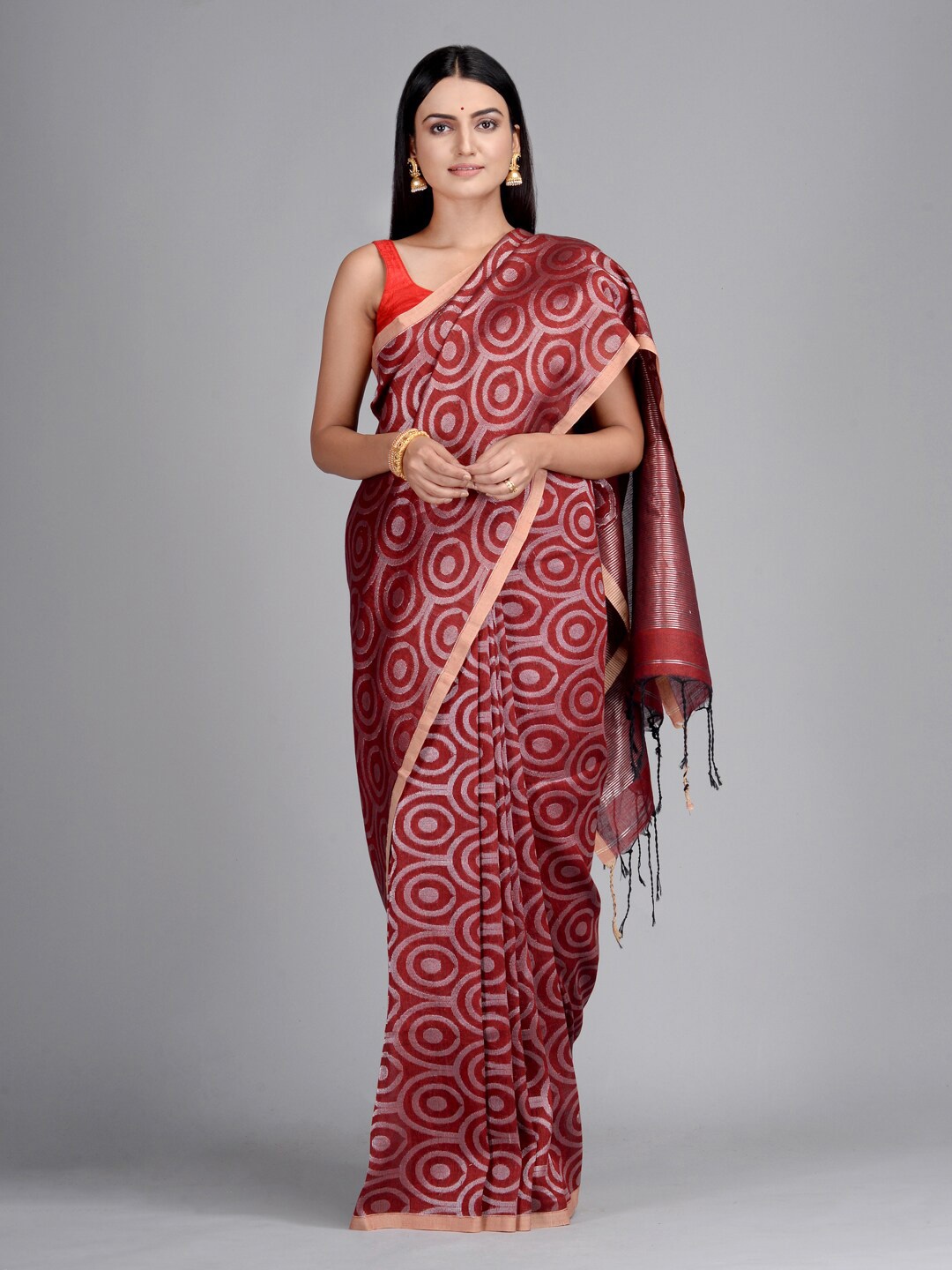 

Mitera Maroon & Silver-Toned Woven Design Zari Pure Linen Saree